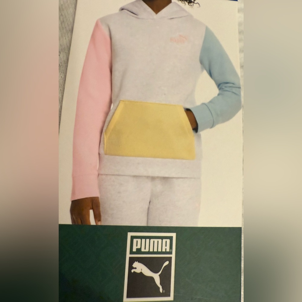 NWT Puma ColorBlock Heather Gray Hoodie with Soft Pink Logo sz L (14/16)